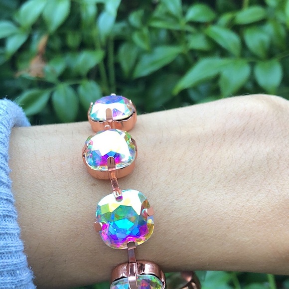 Aurora Borealis + Rose Gold Cushion Cut Crystal Tennis Bracelet - Picture 4 of 9